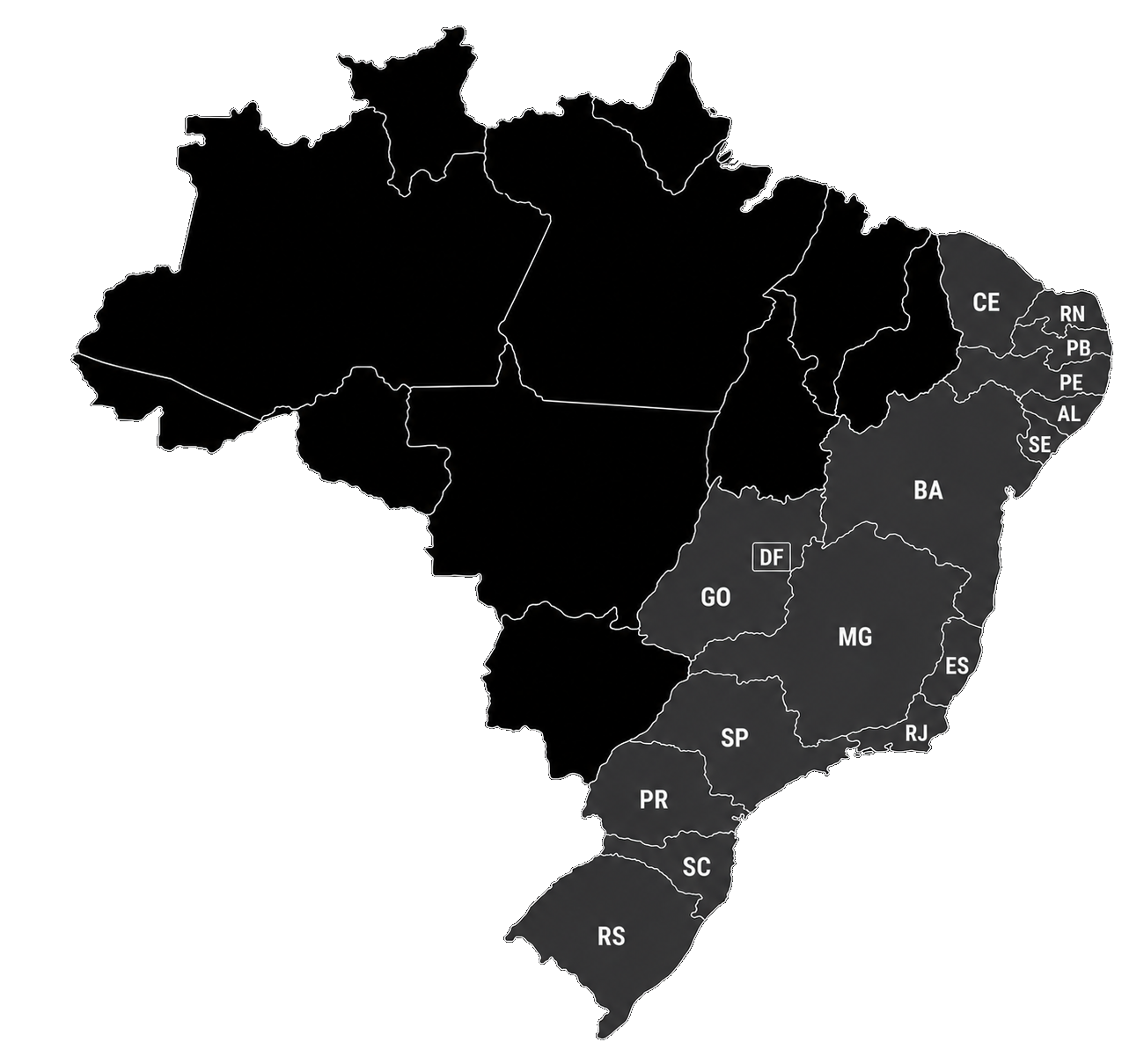 Mapa do Brasil com estados de atuação destacados