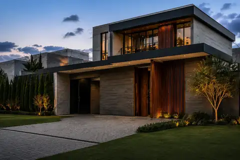 Residência de alto padrão iluminada ao entardecer